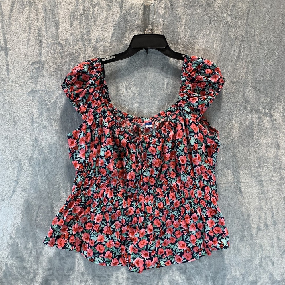 Old Navy Women's Top 2X Red Floral Milkmaid Boho Cottagecore Tank Tie Front